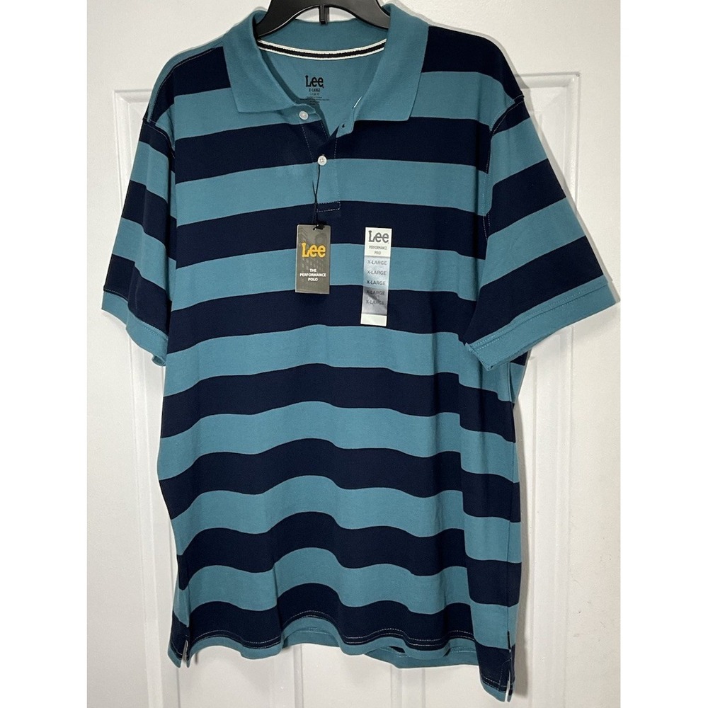 Lee Teal/Blue Striped Retro Short Sleeve Performance Polo/Golf Shirt Men's XXL